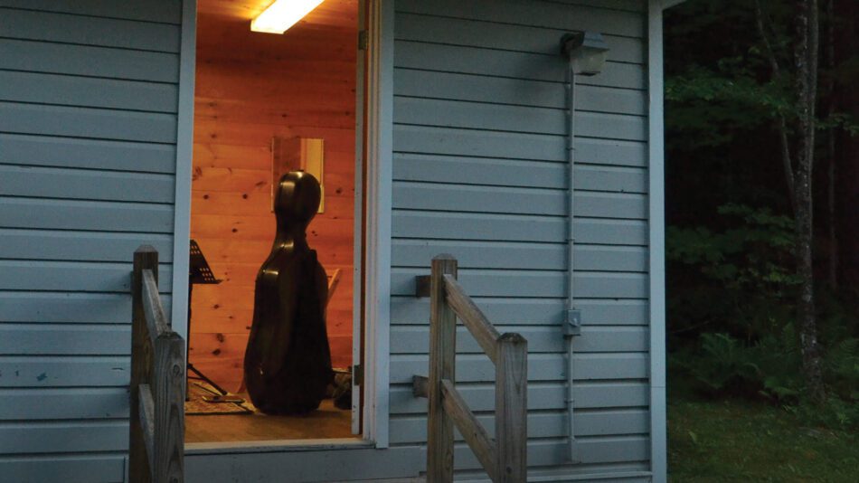 A string instrument sitting inside the open door of a cabin