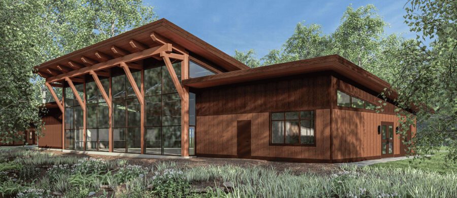 Computer rendering of building in woods