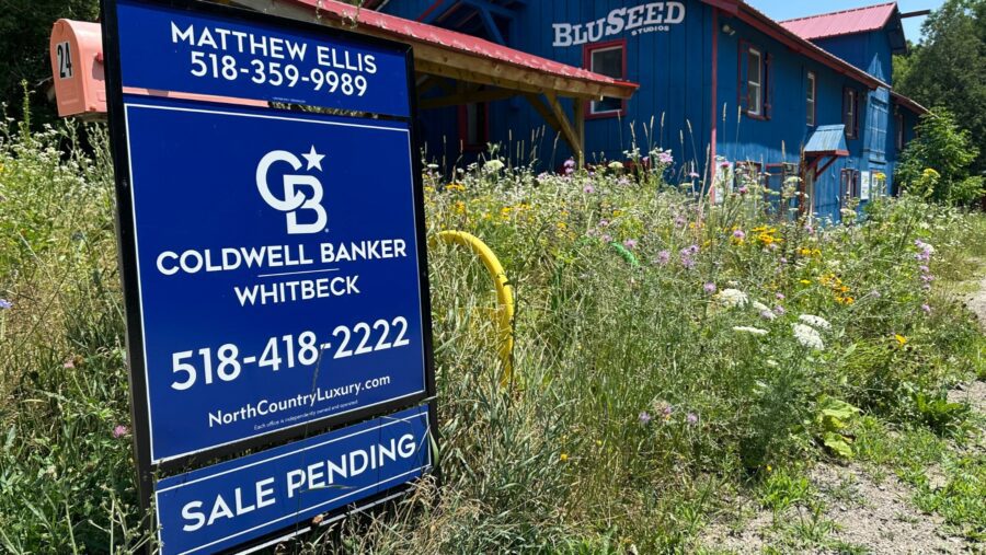 Coldwell Banker Whitebeck blue pending sale sign in front of overgrown pollinator garden and blue Bluseed building