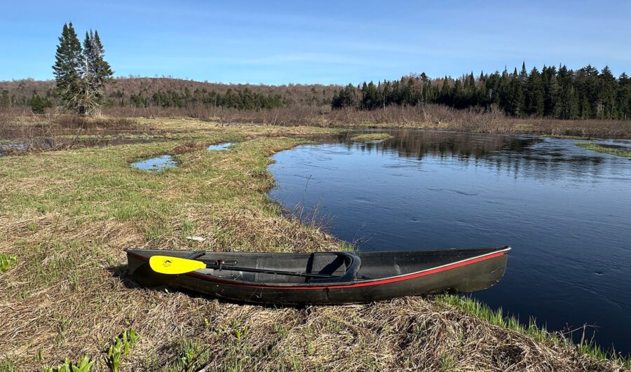 Canoe on bank near calm bend in the Little River Put-in.
