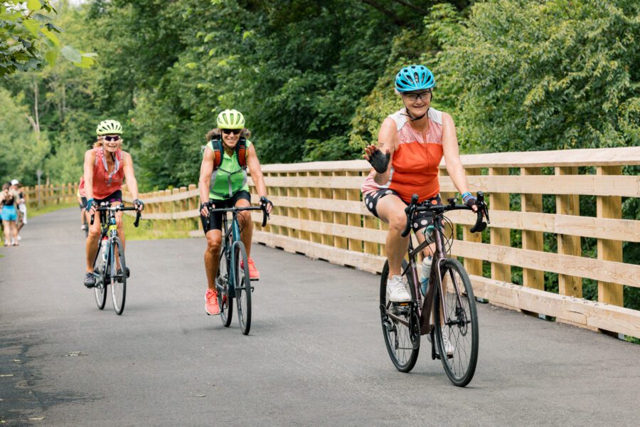 bikes on the adirondack rail trail. The rail is holding a solstice event