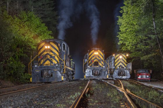 Trains in yard at night