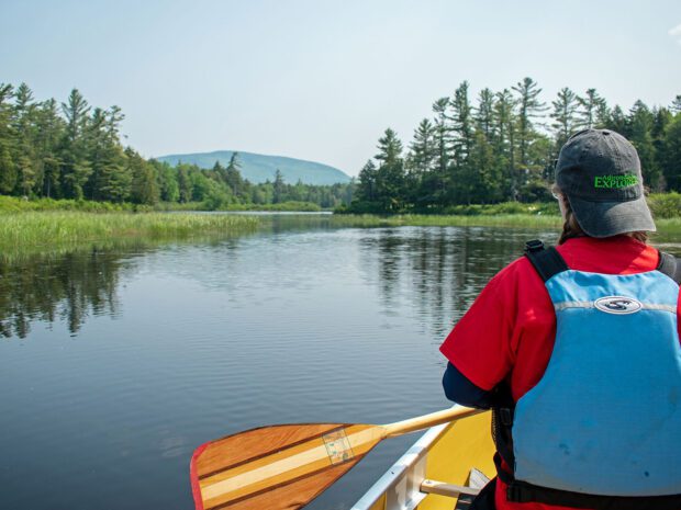 woman in canoe seen from behind with paddle in hand