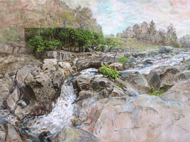 painting of water flowing over rocks