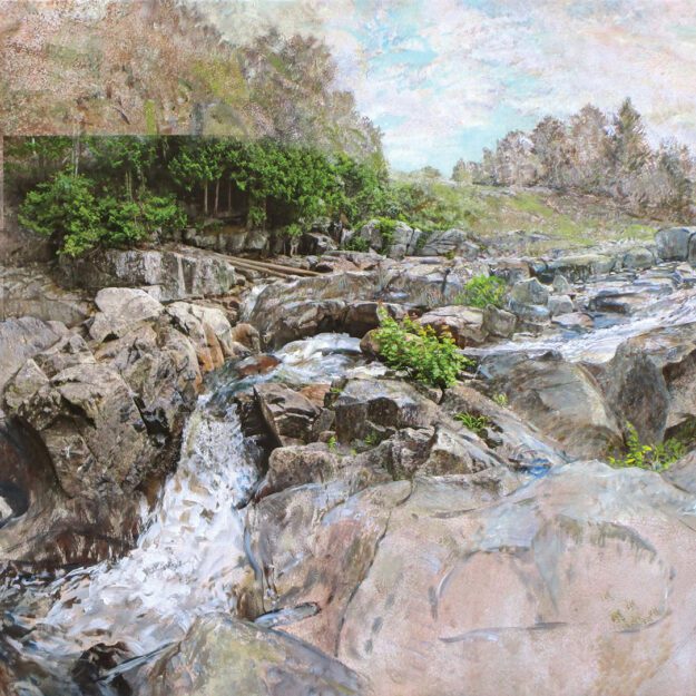 painting of water flowing over rocks