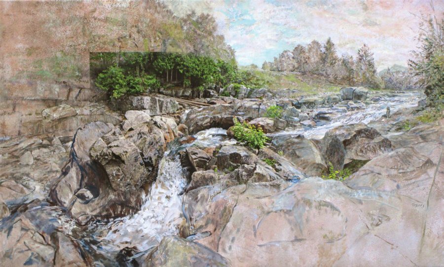painting of water flowing over rocks