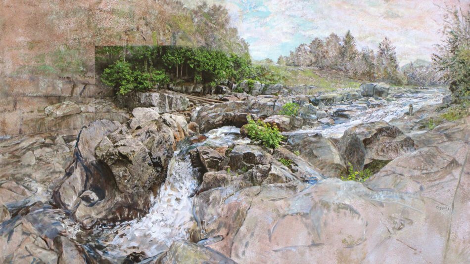 painting of water flowing over rocks