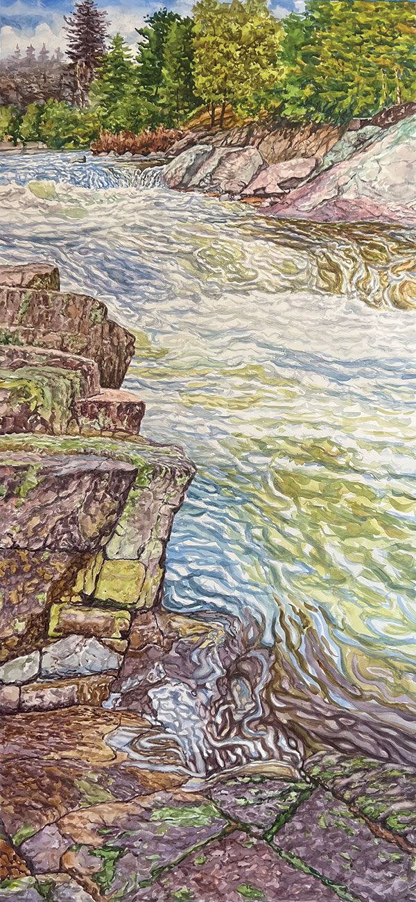 a watercolor of a waterfall