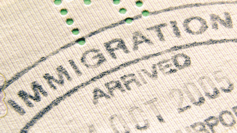 Close up of immigration stamp in passport