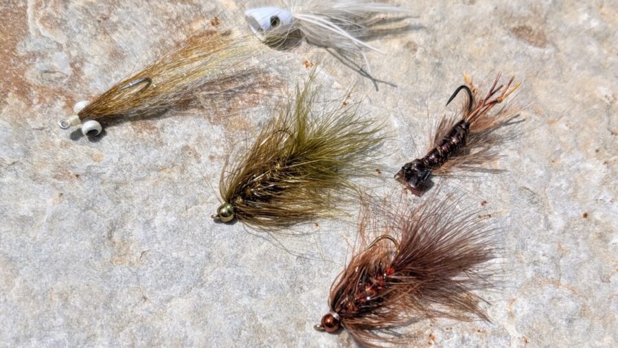 Flies For smallmouth bass include woolly buggers, clouser minnows, poppers and crawfish patterns.
