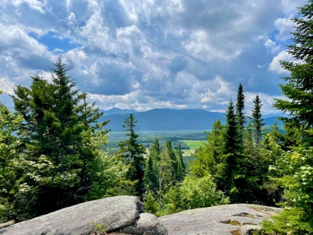 Summit vista looking out from side of mountain rock surface toward alpine trees and Adirondack mountains in the distance.
