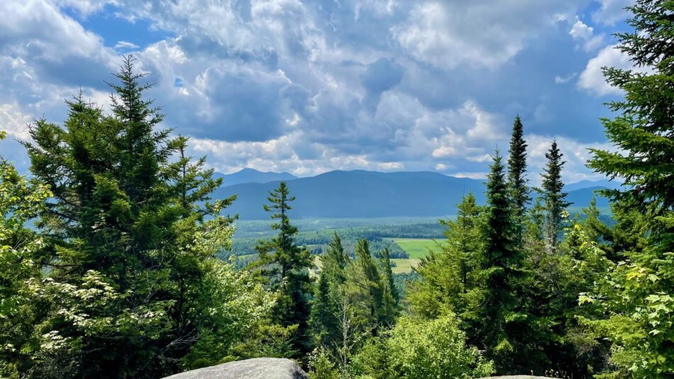 Summit vista looking out from side of mountain rock surface toward alpine trees and Adirondack mountains in the distance.