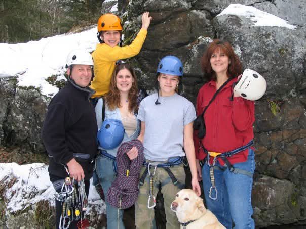 family photo with caving helmets