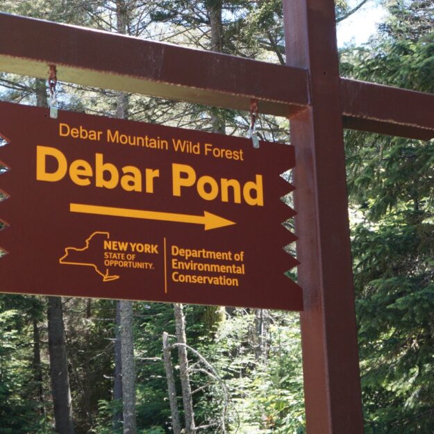 Wooden DEC sign with yellow letters and arrow that points to Debar Pond