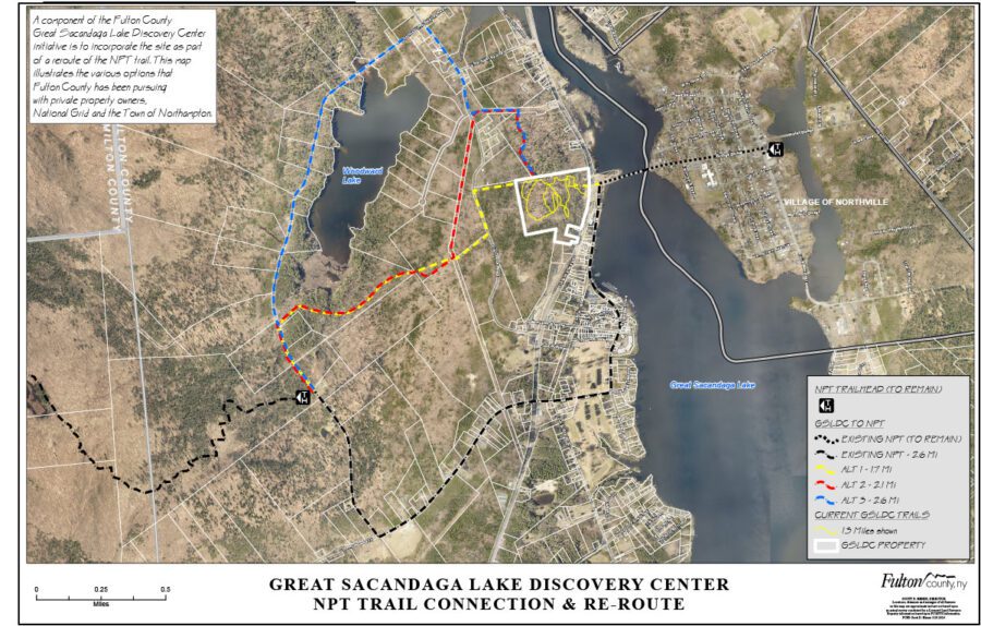 Map showing a proposed new route for the Northville Placid Trail, to go by the Great Sacandaga Discovery Center.