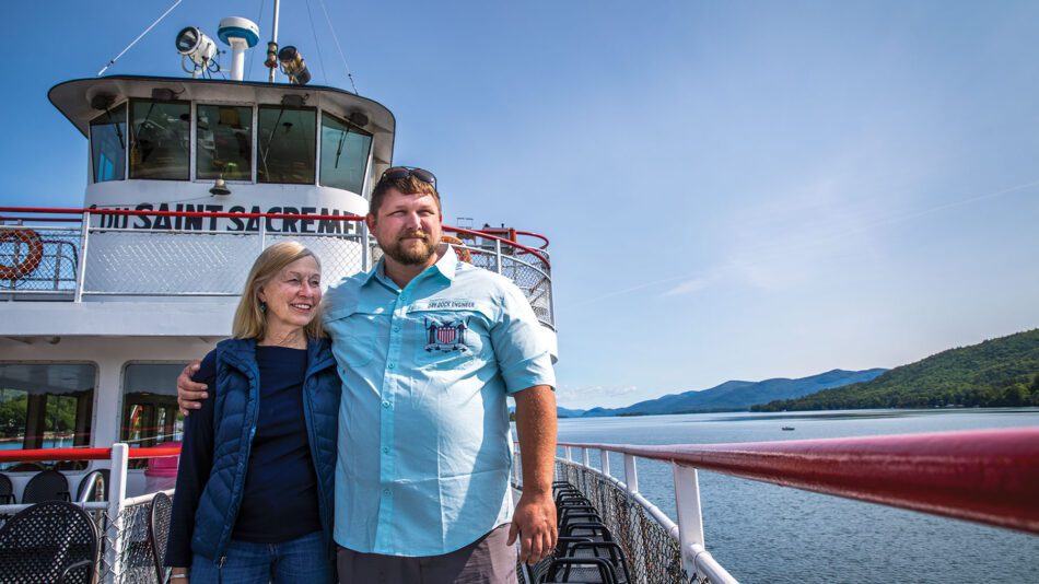 Luke Dow with his mother Patricia in Lake George NY at their Lake George Steamboat Company, a generational family business. photo by Nancie Battaglia