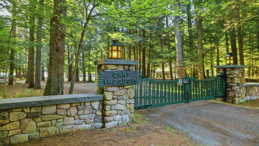 Entrance gate at Camp Iroquois in Saranac Lake. Photo by Jordan Craig, courtesy of Platinum Luxury Auctions
