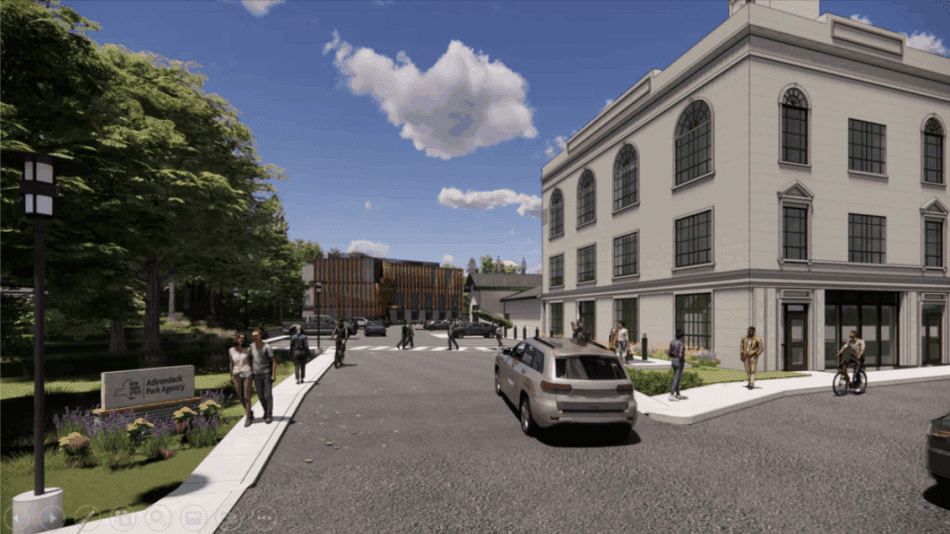 A rendering of the proposed new Adirondack Park Agency headquarters in downtown Saranac Lake. Screenshot from an Adirondack Park Agency presentation